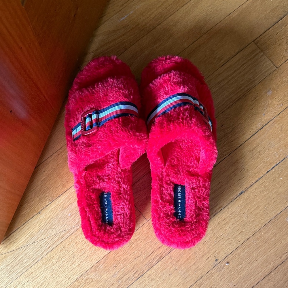 Tommy Hilfiger Vibrant Red Fuzzy Slippers